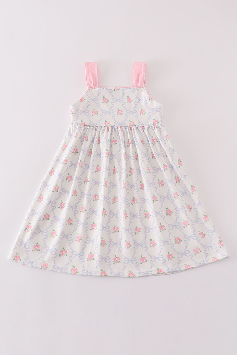 Pink bow floral print girl dress