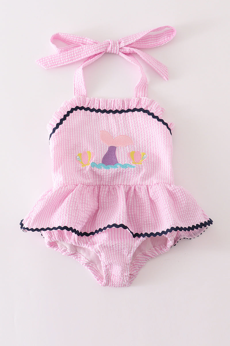 Pink seersucker mermaid embroidery girl swimsuit