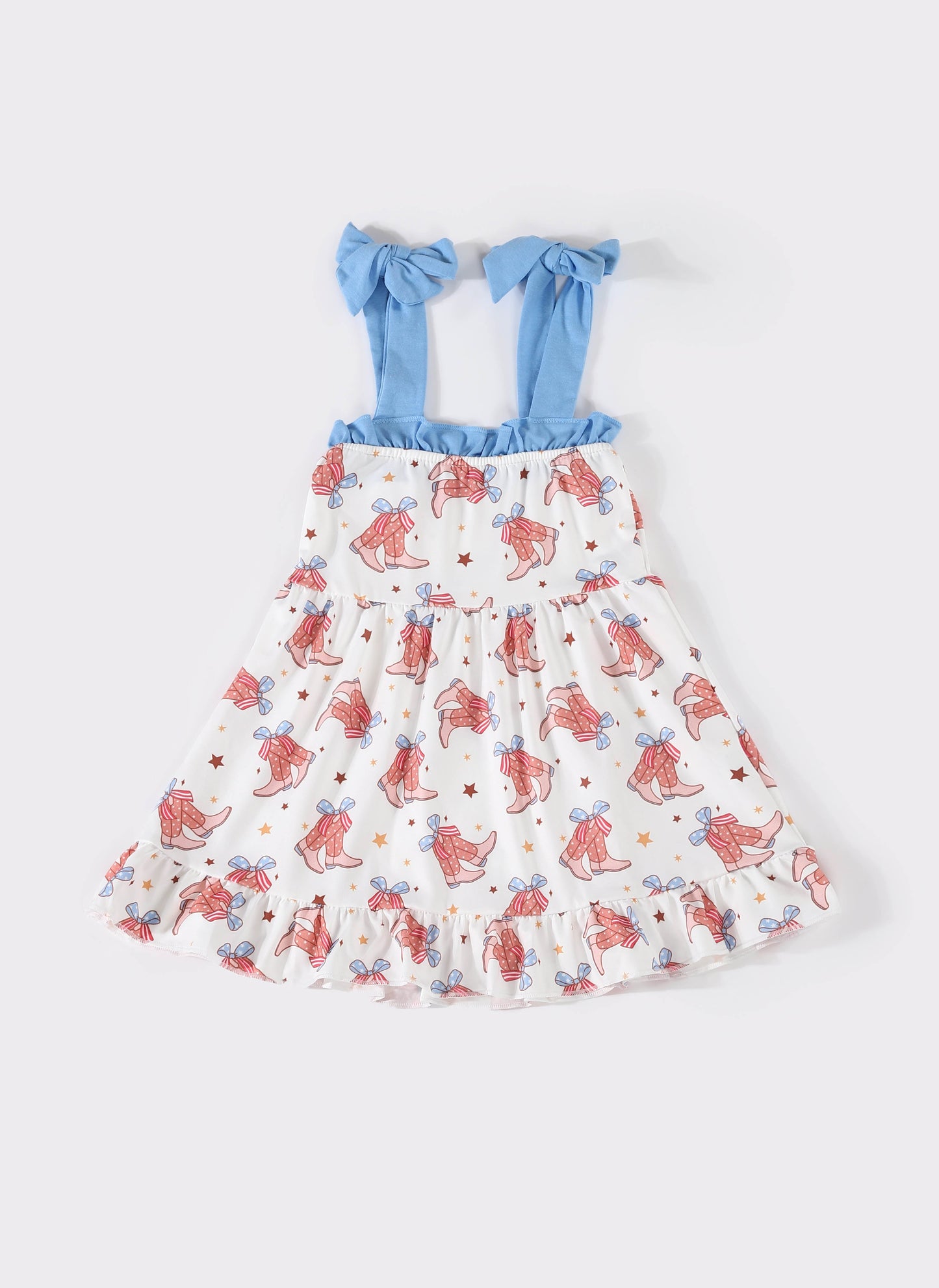 Blue boots bow ruffle dress