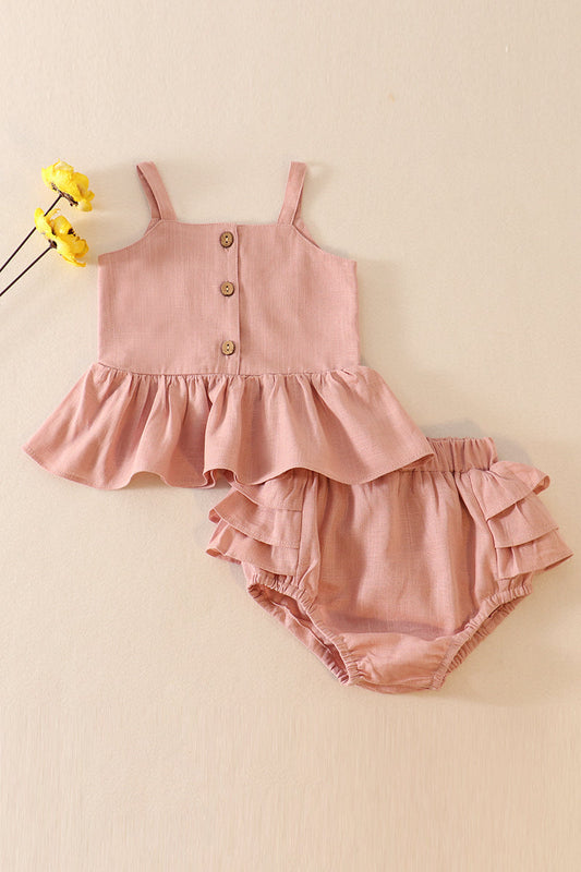 Pink linen ruffle 2pc baby set