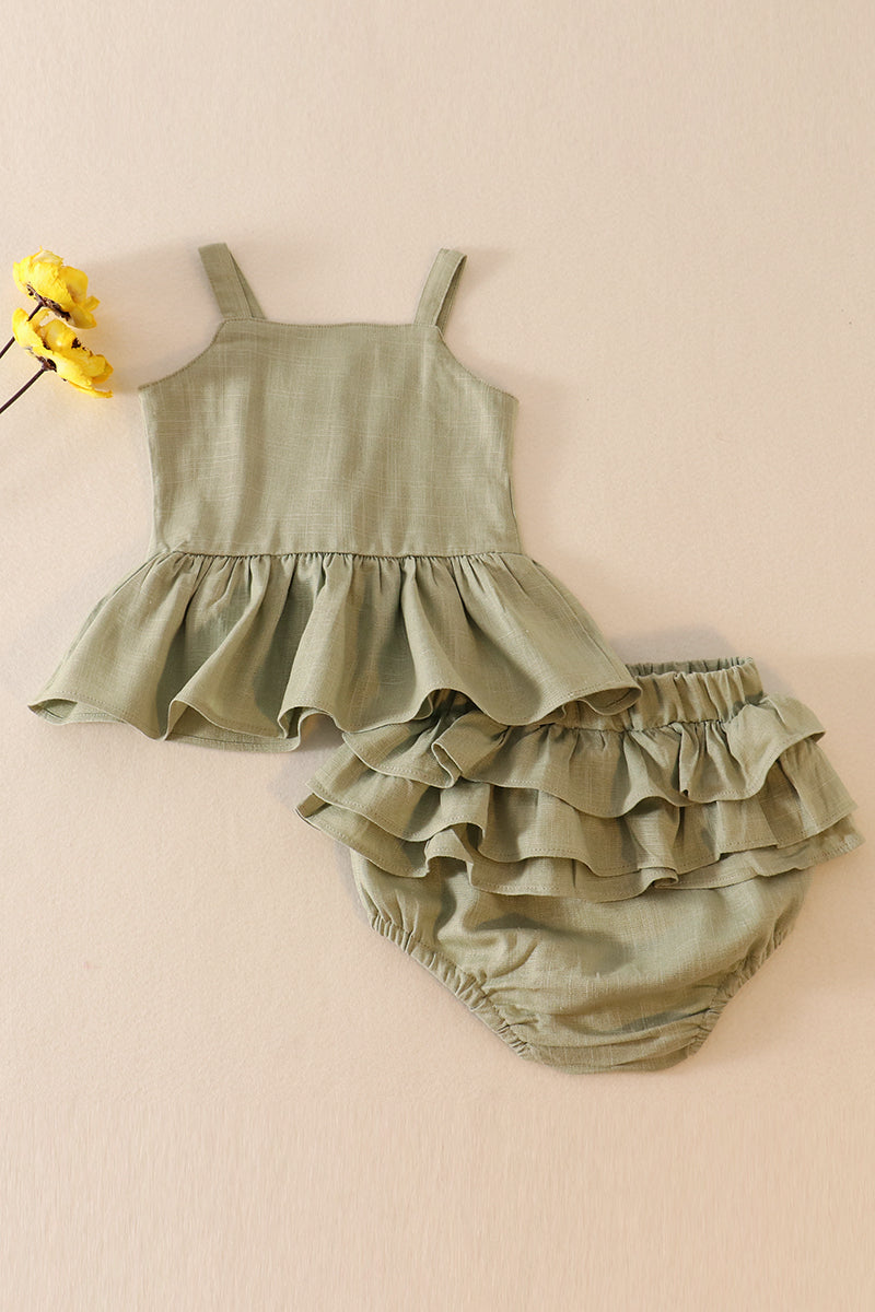 Green linen ruffle 2pc baby set