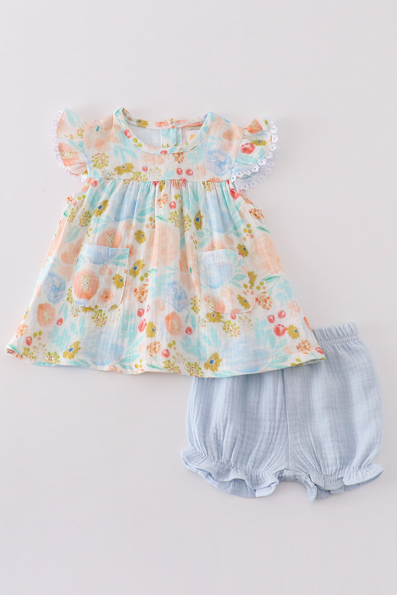 Premium Blue & pink muslin floral ruffle baby set