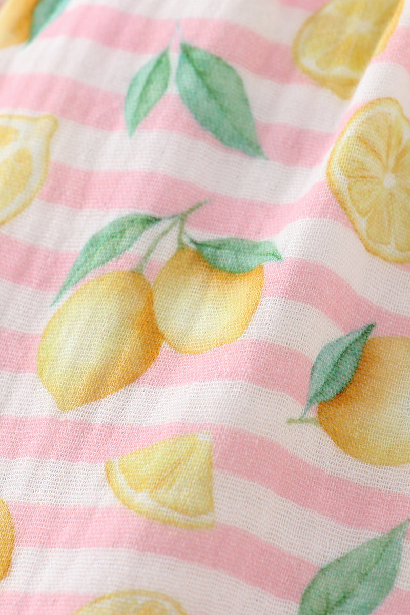 Premium Pink muslin stripe lemon ruffle dress