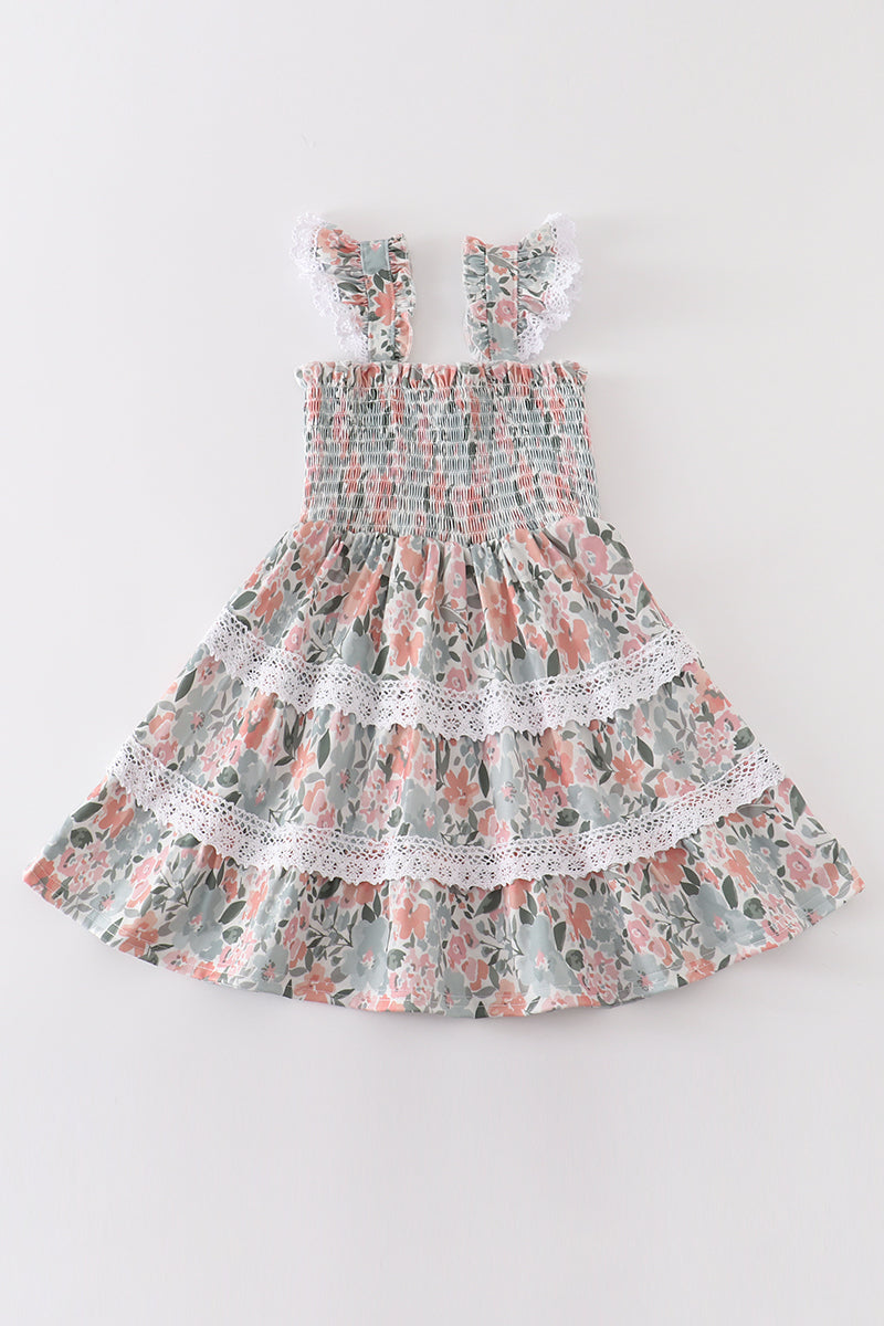 Floral print smocked girl dress