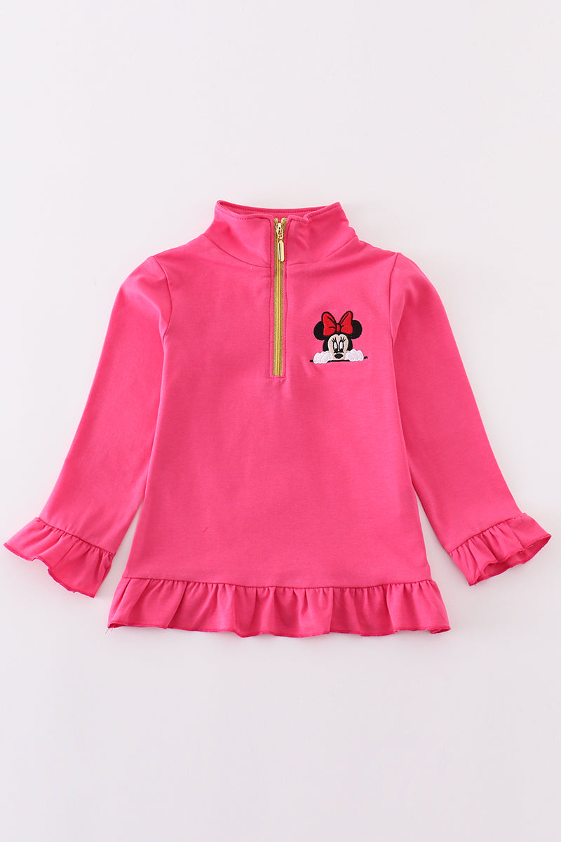 Rose character embroidery girl zipper pullover