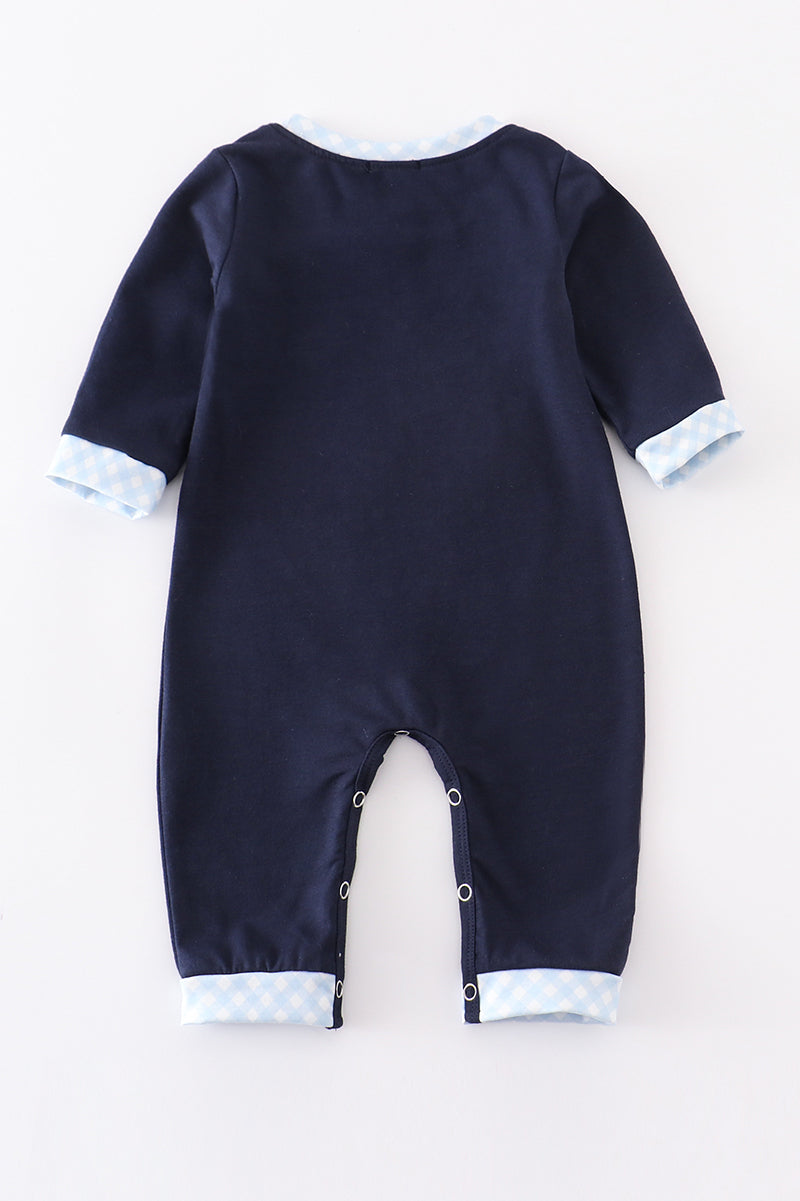 Navy valentine puppy heart applique boy romper