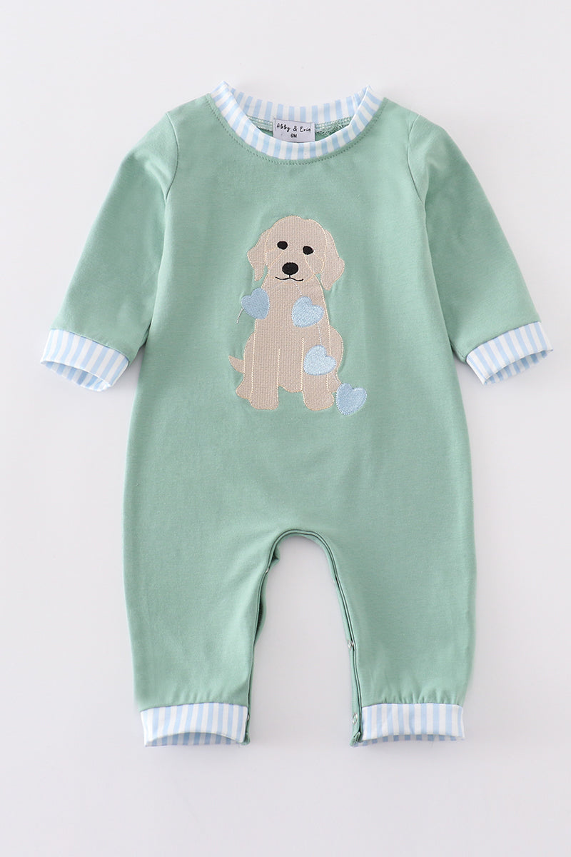 Green Valentine puppy embroidery boy romper