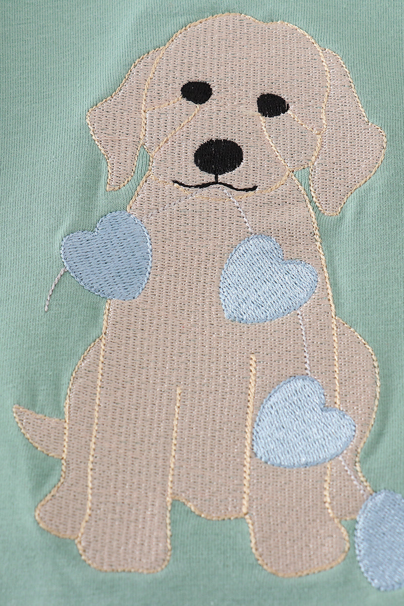 Green Valentine puppy embroidery boy romper