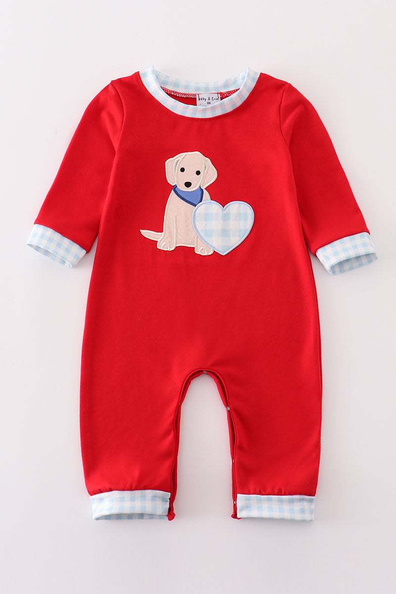 Red puppy heart applique boy romper