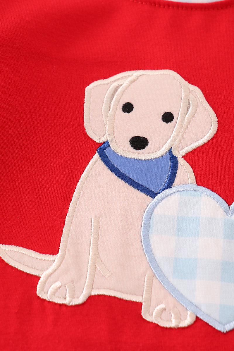 Red puppy heart applique boy romper