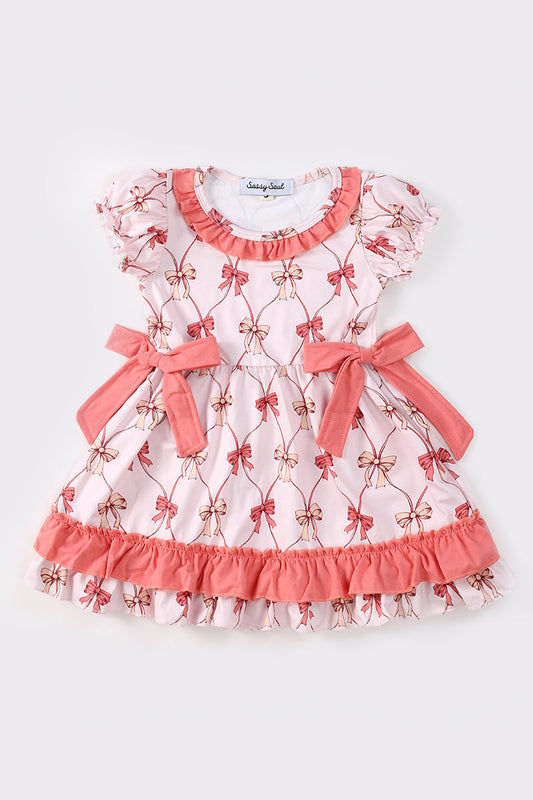 Pink bow print girl ruffle dress