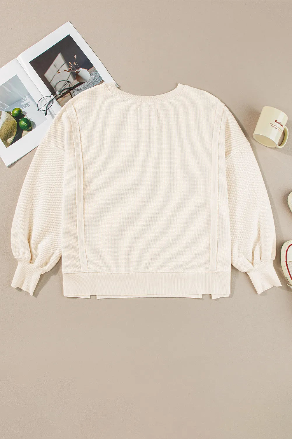 Slit Waffle-Knit Round Neck Long Sleeve Top